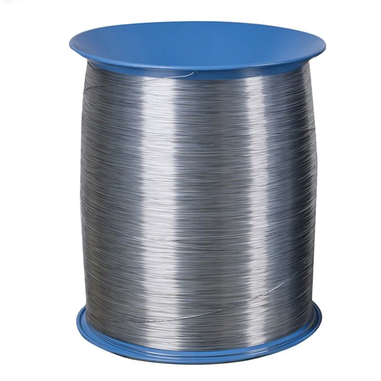 Spool of silver-coloured binding steel wire wound on a blue reel Spool of silver-coloured binding steel wire wound on a blue reel