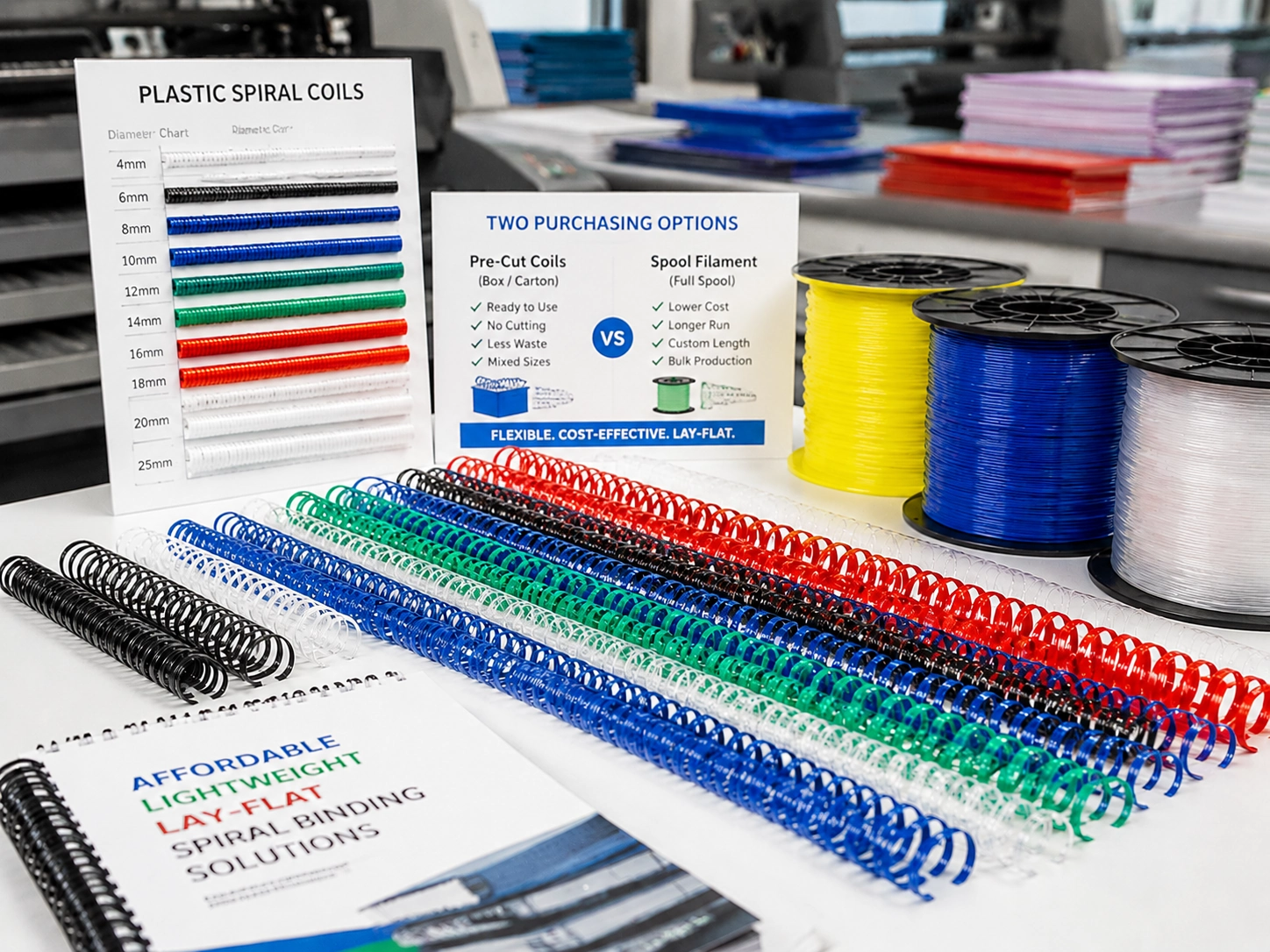 High-quality colorful plastic spiral coils and PVC or PET filaments neatly organized on a commercial print shop production desk, illustrating affordable lightweight lay-flat spiral binding solutions.