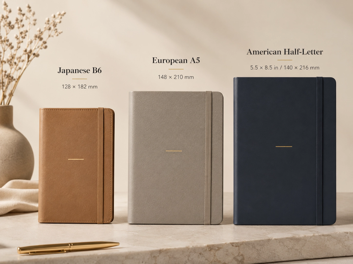Comparison of Japanese B6, European A5, and American half-letter notebook sizes showing international paper standards and custom formats side by side