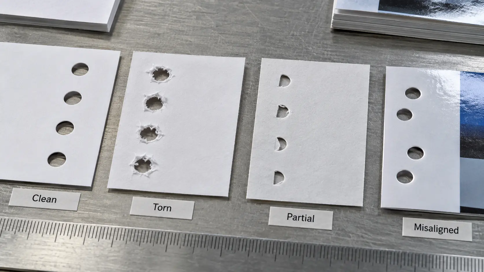 Comparison of clean, torn, partial and misaligned binding holes Allowed English labels inside image: Clean; Torn; Partial; Misaligned Comparison of clean, torn, partial and misaligned binding holes Allowed English labels inside image: Clean; Torn; Partial; Misaligned