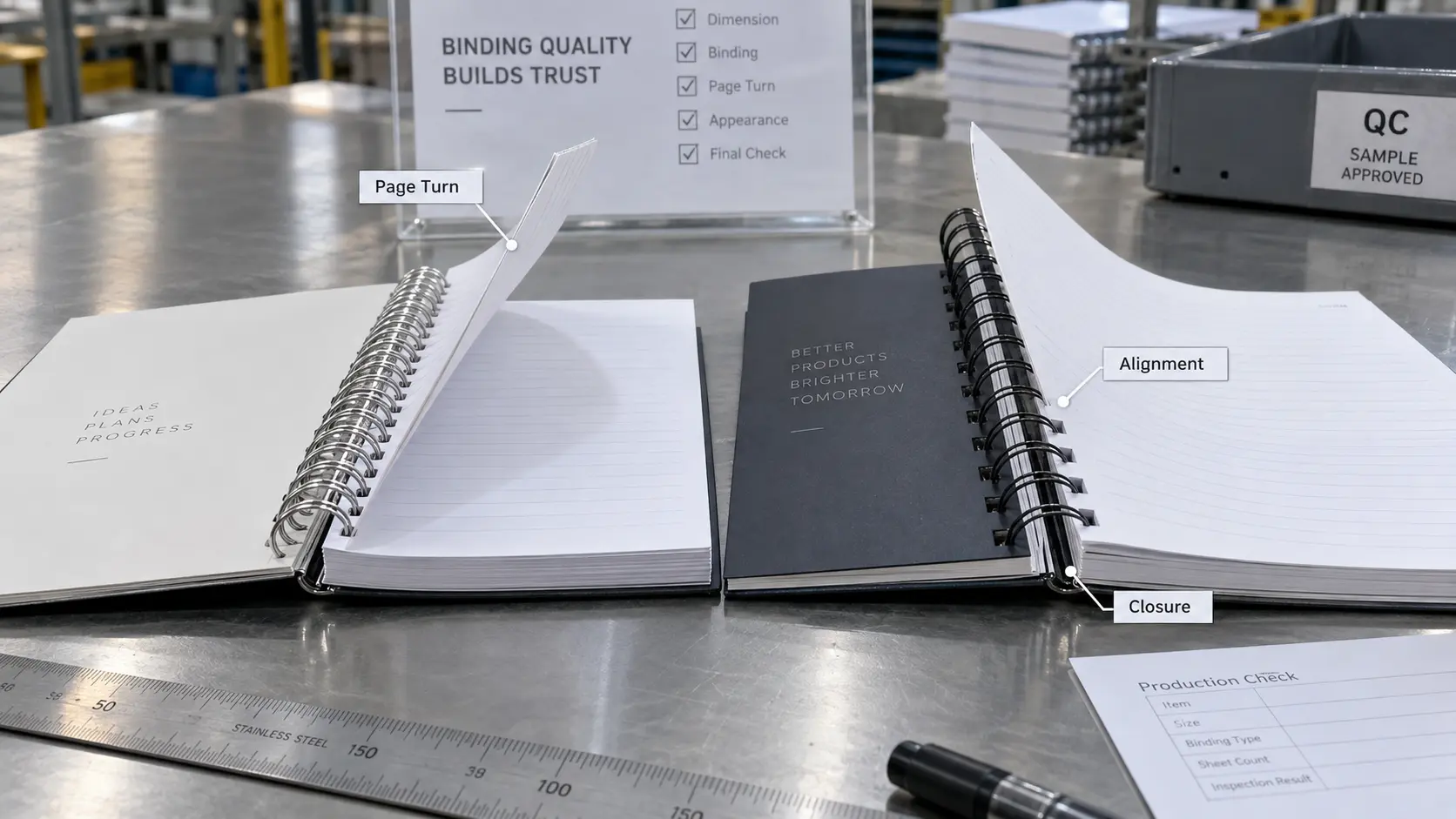 Quality inspection of spiral coil and Wire-O binding after troubleshooting Allowed English labels inside image: Page Turn; Alignment; Closure Quality inspection of spiral coil and Wire-O binding after troubleshooting Allowed English labels inside image: Page Turn; Alignment; Closure