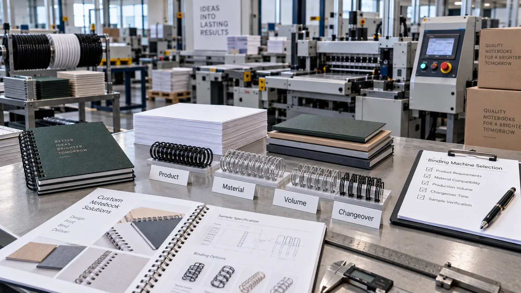 Binding machine selection based on sample product and production workflow Allowed English labels inside image: Product; Material; Volume; Changeover Binding machine selection based on sample product and production workflow Allowed English labels inside image: Product; Material; Volume; Changeover