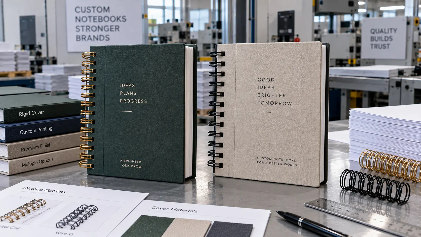 Hardcover spiral and Wire-O notebooks showing rigid covers and binding clearance Allowed English labels inside image: Hardcover; Spiral; Wire-O Hardcover spiral and Wire-O notebooks showing rigid covers and binding clearance Allowed English labels inside image: Hardcover; Spiral; Wire-O