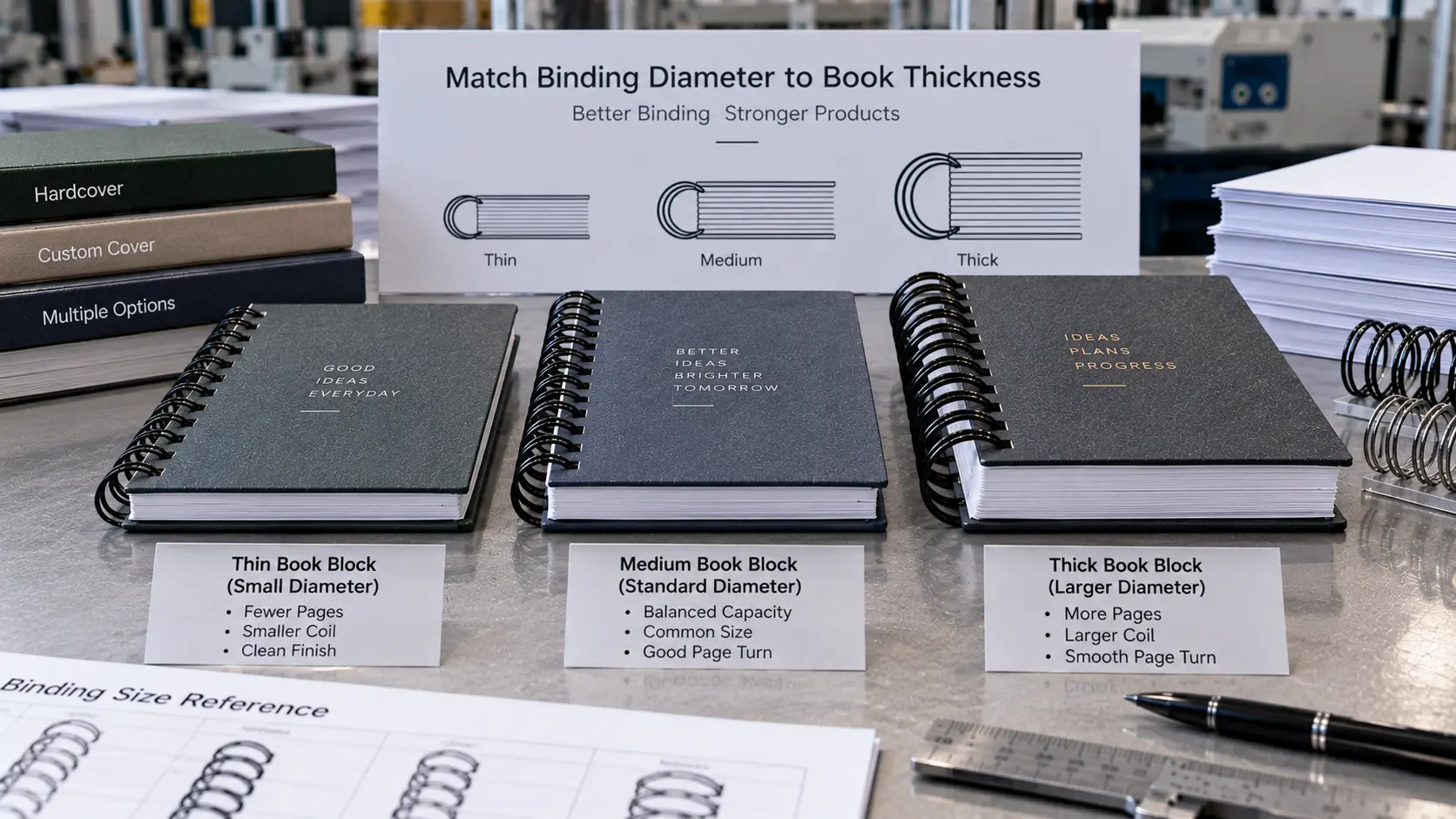 Hardcover notebook page-block thickness matched to spiral binding diameter Allowed English labels inside image: Thin; Medium; Thick Hardcover notebook page-block thickness matched to spiral binding diameter Allowed English labels inside image: Thin; Medium; Thick