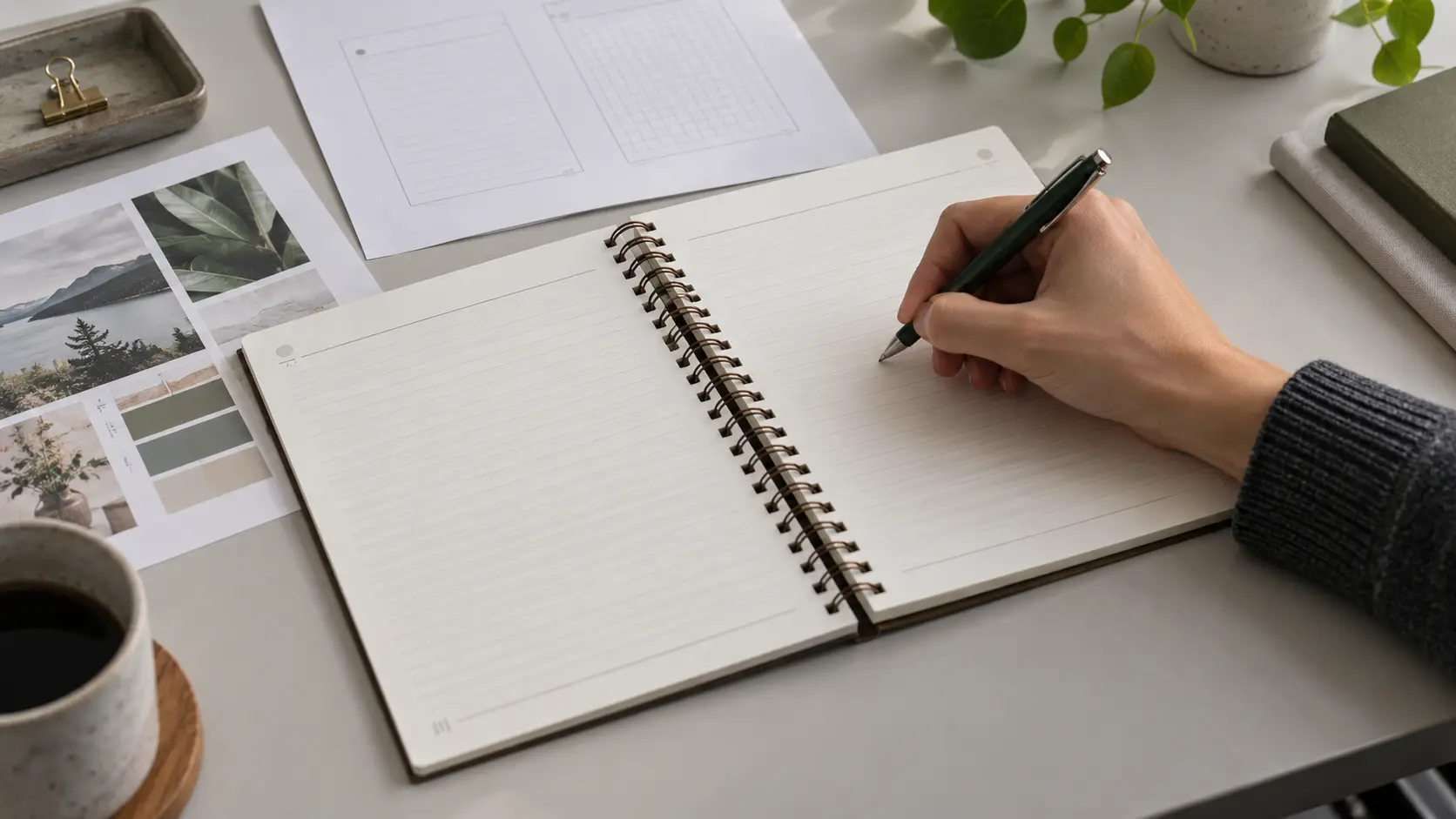 Open spiral notebook showing writing space and clearance beside the punched binding edge. Open spiral notebook showing writing space and clearance beside the punched binding edge.