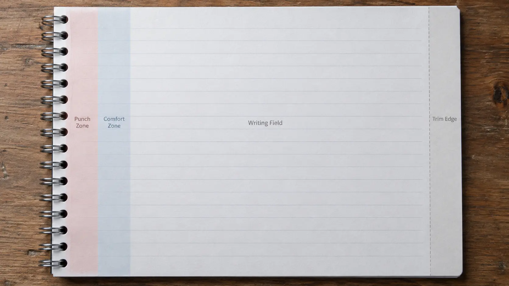 Notebook interior page diagram separating the punch zone, binding comfort zone and active writing field. Notebook interior page diagram separating the punch zone, binding comfort zone and active writing field.
