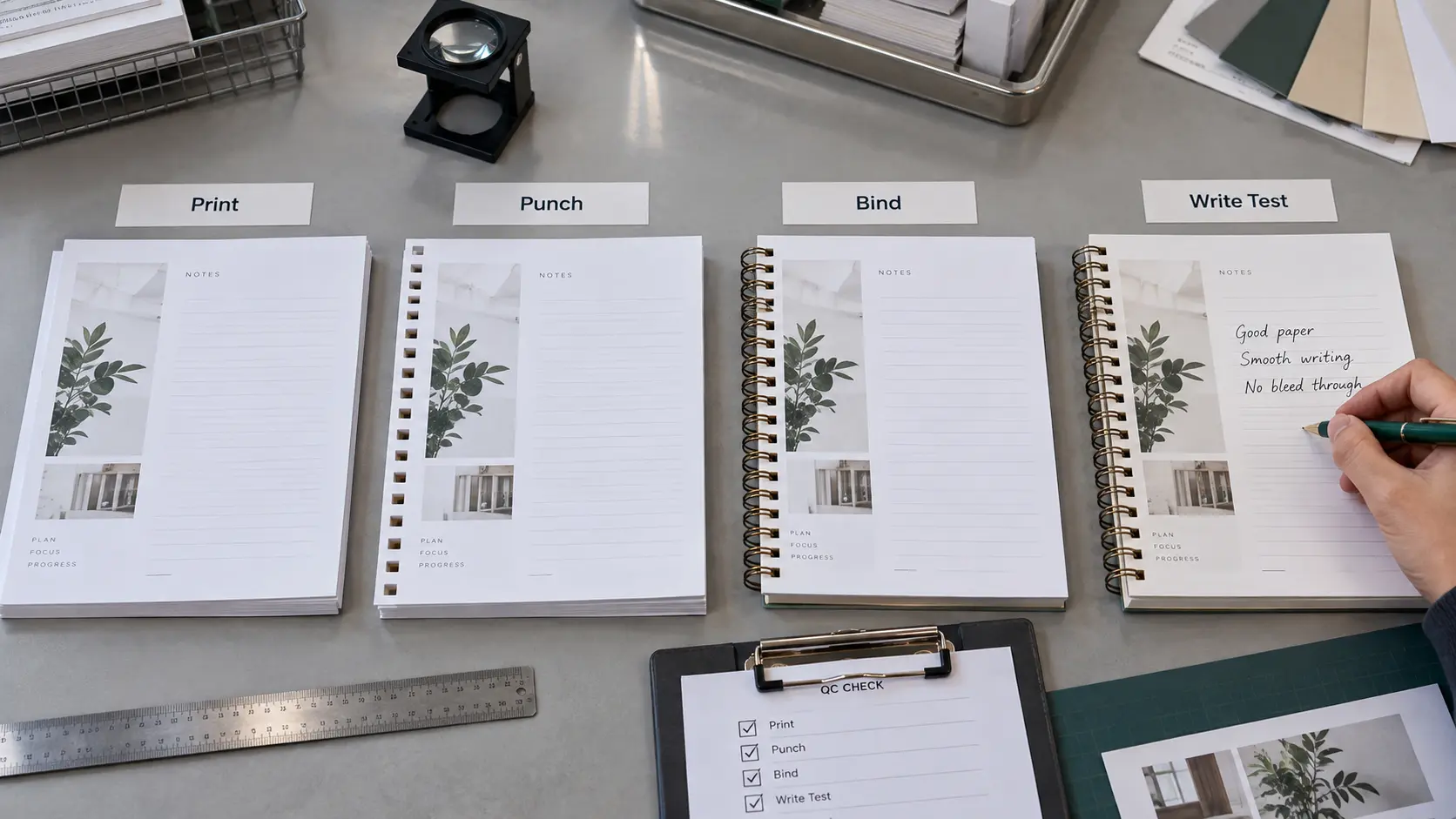 Notebook proof workflow showing printed pages, punching, binding and final handwriting testing. Notebook proof workflow showing printed pages, punching, binding and final handwriting testing.