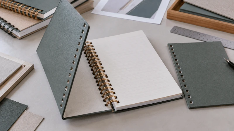 Rigid wrapped notebook cover punched and bound directly into an exposed spiral or Wire-O binding. Rigid wrapped notebook cover punched and bound directly into an exposed spiral or Wire-O binding.