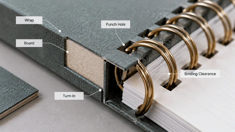 Rigid notebook cover binding edge showing board, wrap build-up, punch hole and binding clearance. Rigid notebook cover binding edge showing board, wrap build-up, punch hole and binding clearance.