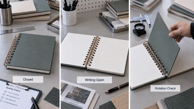Rigid-cover spiral notebook checked closed, open for writing and through its intended cover rotation range. Rigid-cover spiral notebook checked closed, open for writing and through its intended cover rotation range.