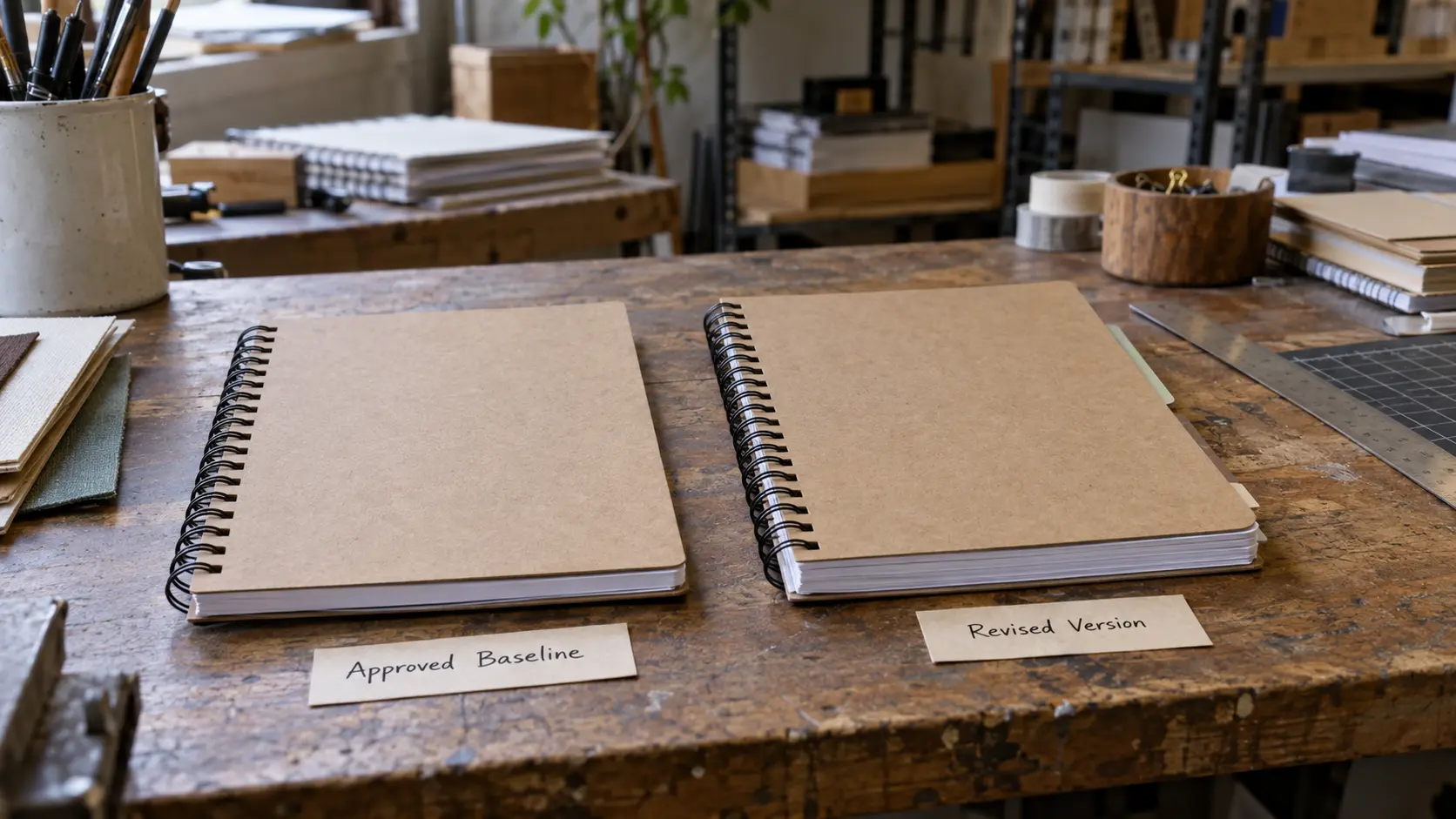 Approved notebook baseline beside a revised physical sample for change-impact review. Approved notebook baseline beside a revised physical sample for change-impact review.