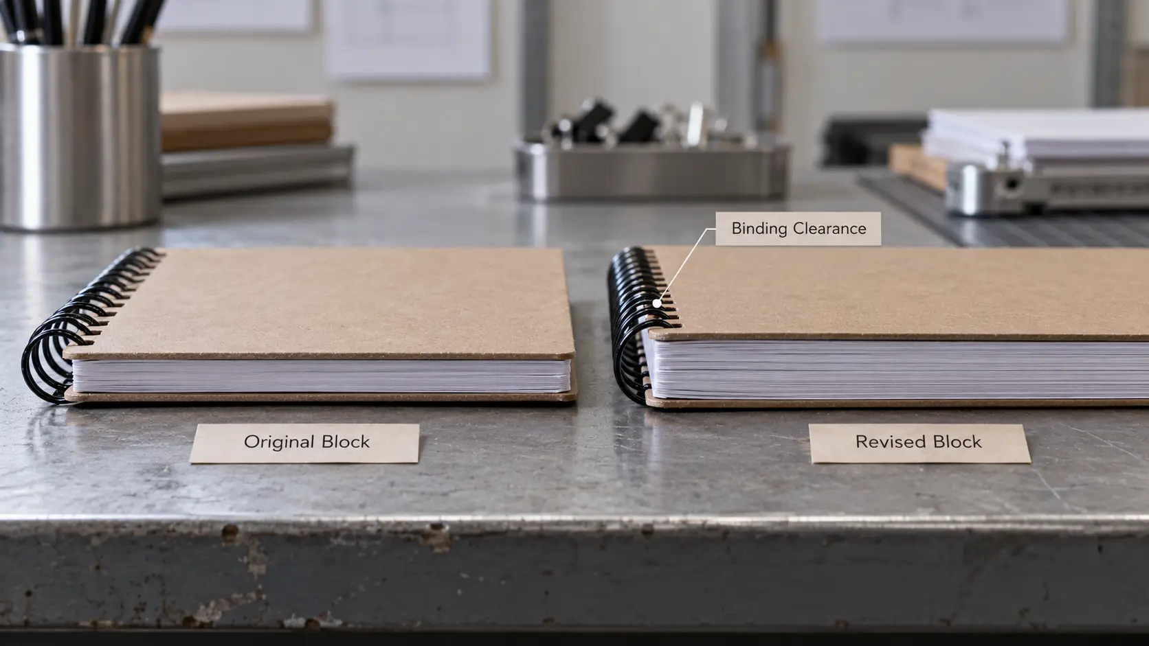 Original and revised notebook page blocks compared beside their exposed spiral binding clearance. Original and revised notebook page blocks compared beside their exposed spiral binding clearance.
