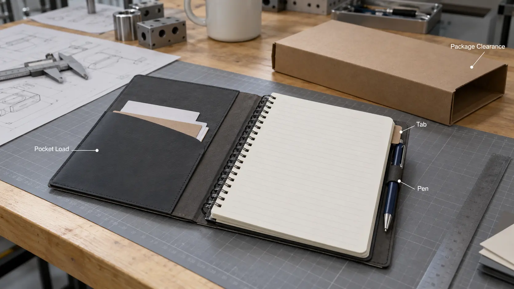 Notebook tab, pen loop and loaded pocket shown as features that can change package clearance. Notebook tab, pen loop and loaded pocket shown as features that can change package clearance.