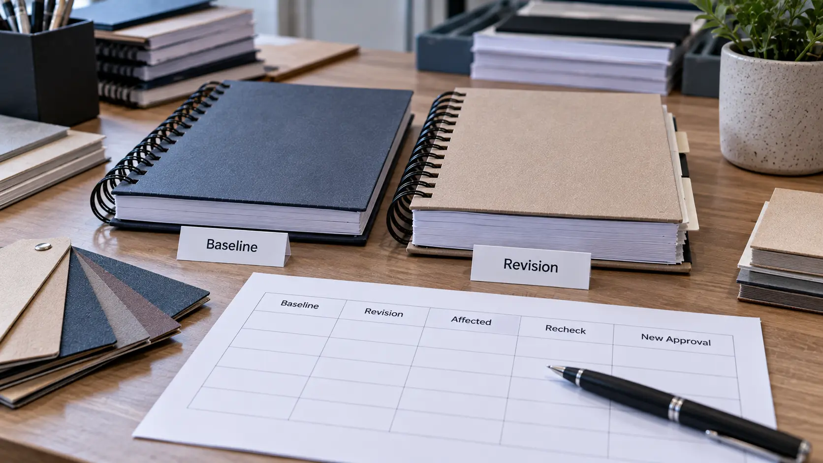 Notebook baseline and revised sample organized with a simple change-impact approval record. Notebook baseline and revised sample organized with a simple change-impact approval record.