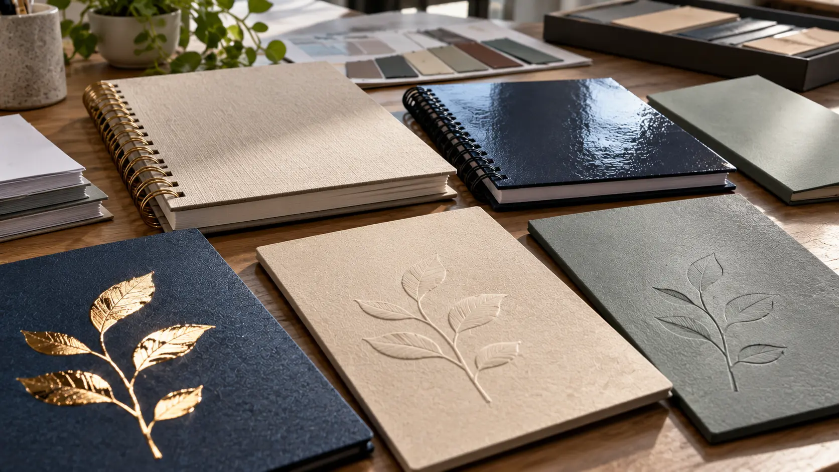 Notebook cover samples showing foil, relief, spot gloss and laminated surface finishes. Notebook cover samples showing foil, relief, spot gloss and laminated surface finishes.