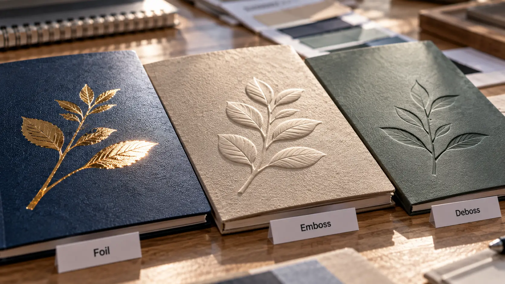 Raking-light comparison of foil, embossed and debossed details on notebook cover samples. Raking-light comparison of foil, embossed and debossed details on notebook cover samples.