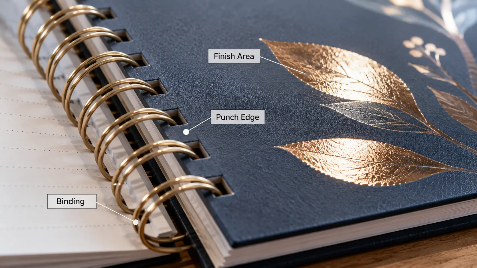 Decorated notebook cover shown beside punched holes and exposed spiral or Wire-O binding. Decorated notebook cover shown beside punched holes and exposed spiral or Wire-O binding.