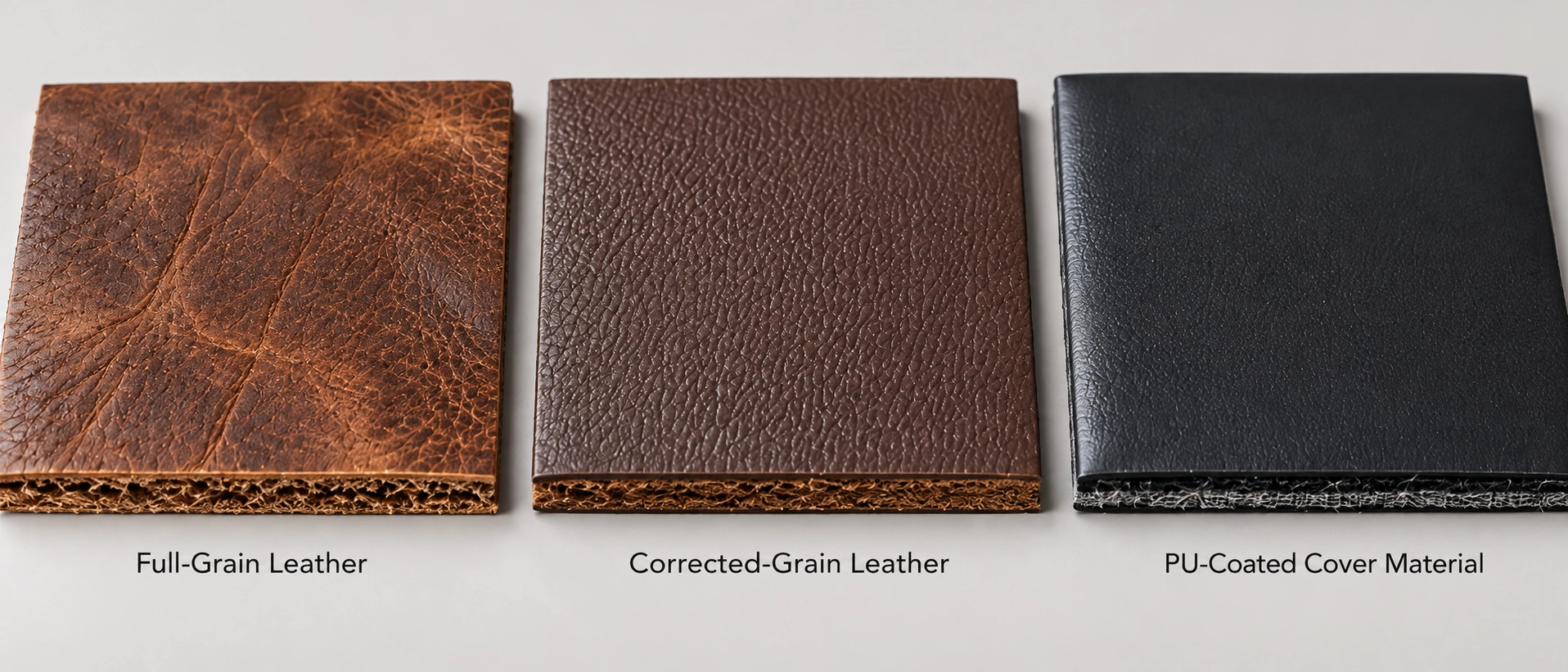 Comparing natural leather full grain corrected grain and PU coated cover material swatches and textures Comparing natural leather full grain corrected grain and PU coated cover material swatches and textures