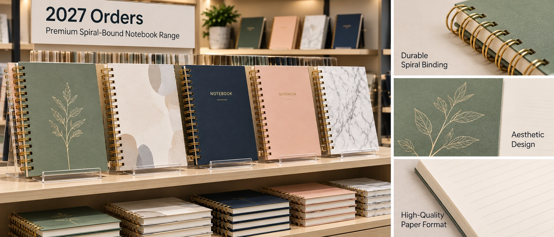 Premium spiral-bound notebook range in a retail display setting, highlighting aesthetic design, durability, and high-quality paper format for brands planning 2027 orders Premium spiral-bound notebook range in a retail display setting, highlighting aesthetic design, durability, and high-quality paper format for brands planning 2027 orders