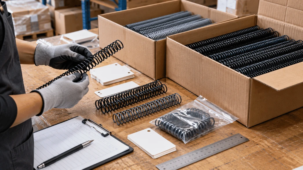 Unbranded spiral coil lots separated for incoming inspection beside a receiving worksheet Unbranded spiral coil lots separated for incoming inspection beside a receiving worksheet