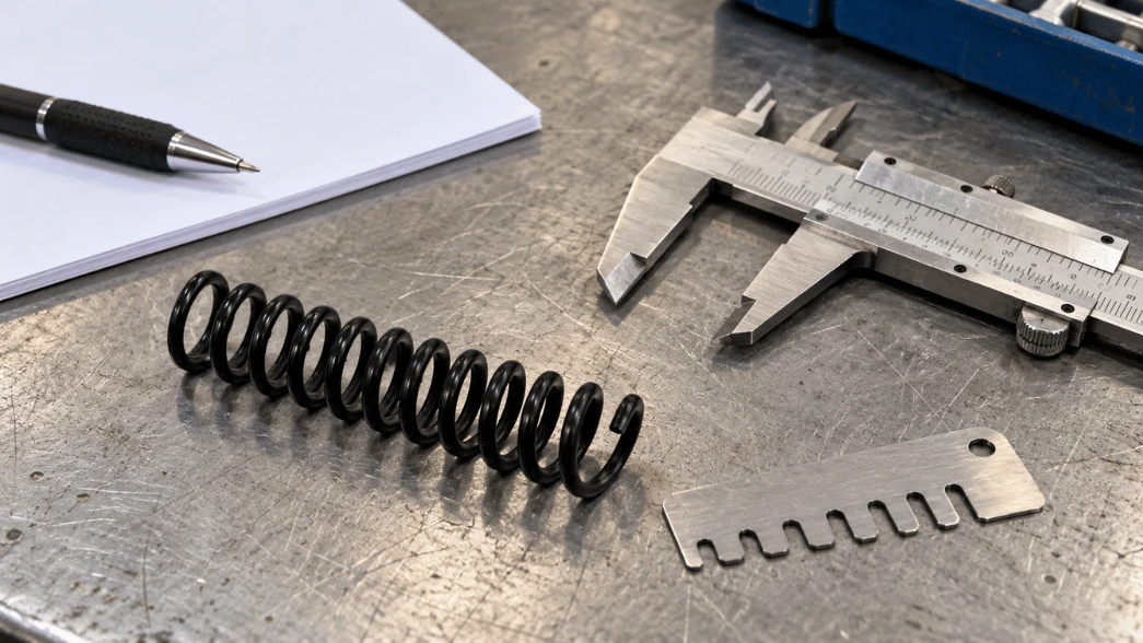 A plastic spiral binding coil beside caliper and pitch gauge before dimensional inspection A plastic spiral binding coil beside caliper and pitch gauge before dimensional inspection