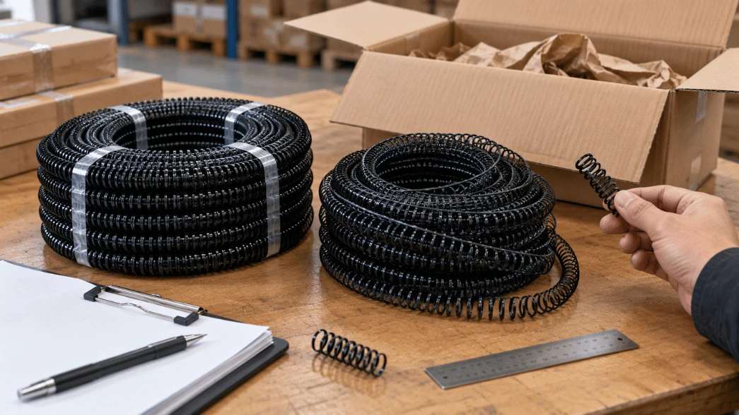 An inspector checks spiral coil winding and surface condition after unpacking a shipment An inspector checks spiral coil winding and surface condition after unpacking a shipment