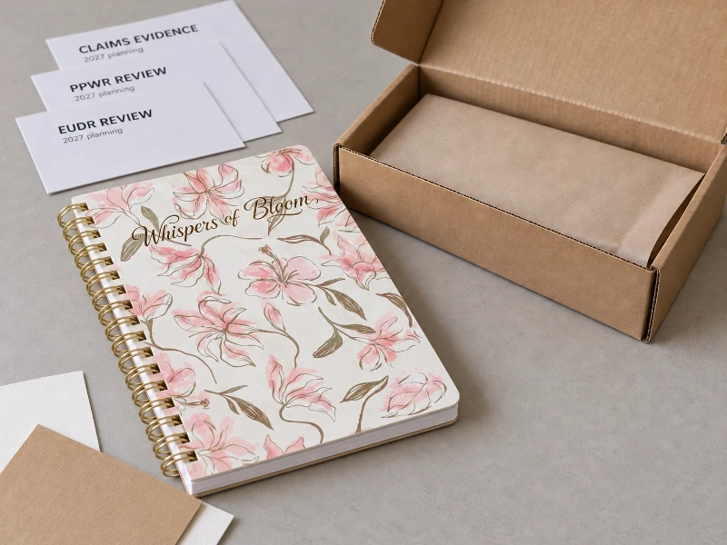 Eco-friendly notebook featuring recycled PET coil and sustainable paper materials, demonstrating EUDR and PPWR green claims compliance and packaging requirements for 2027 Eco-friendly notebook featuring recycled PET coil and sustainable paper materials, demonstrating EUDR and PPWR green claims compliance and packaging requirements for 2027