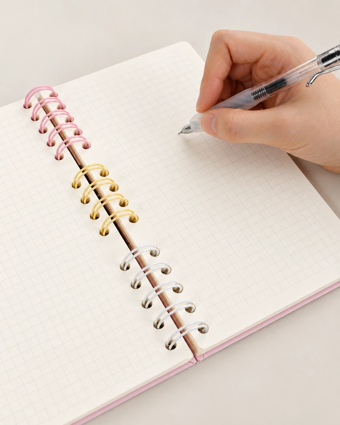 Writing with a pen on grid paper in a spiral notebook